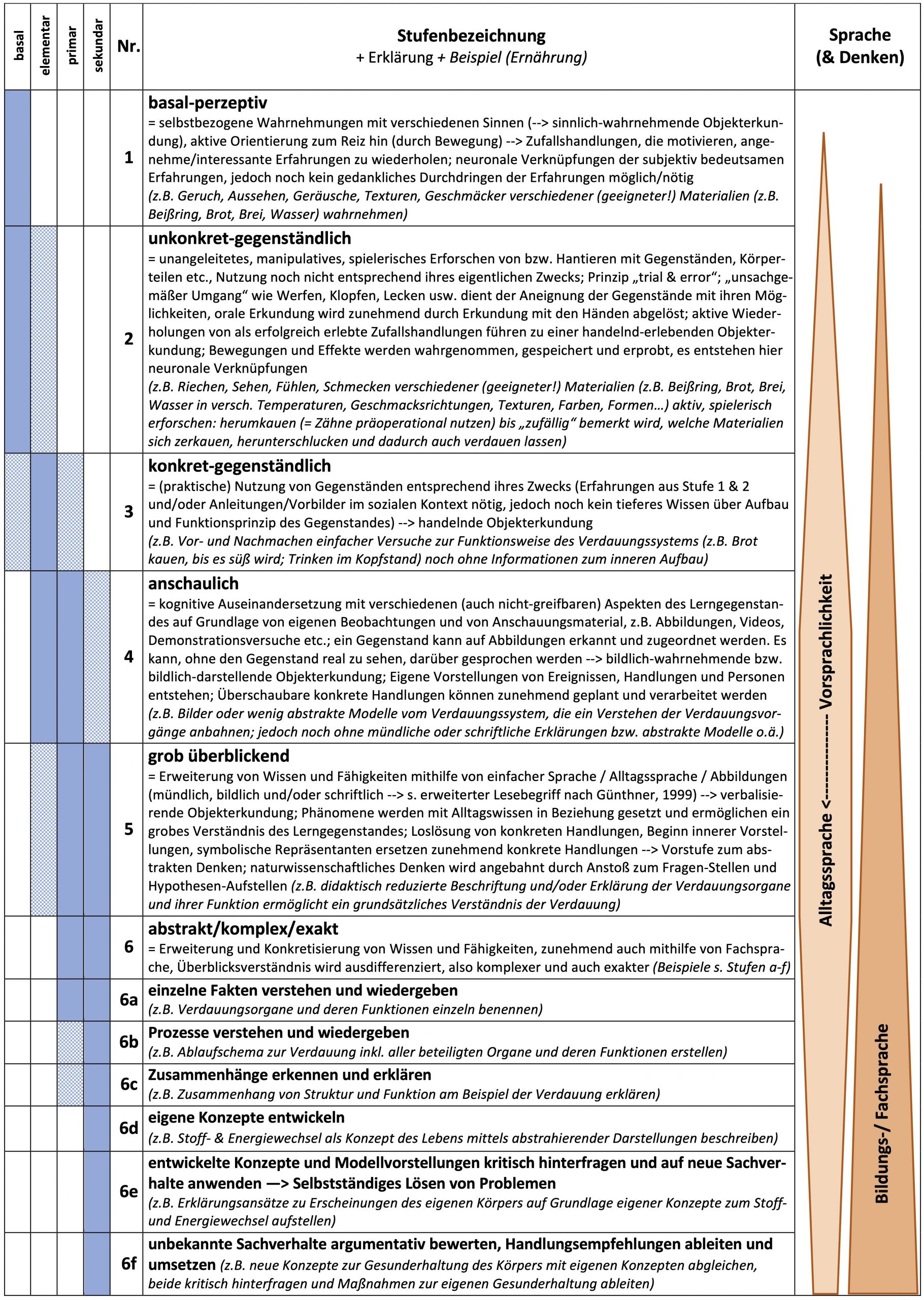 Tabelle mit einer systematischen Auflistung der verschiedenen möglichen Kompetenzbereich basal, elementar, primar und sekundar